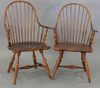Pair of Frederick Duckloe & Brothers Winsor style armchairs marked Frederick Duckloe & Bro's Portland Colonial Reproductions.
