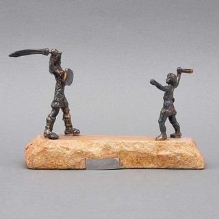 ISAAC JEHESKEL. DAVID Y GOLIAT ISRAEL, SXX. Esculturas de plata STERLING, LEY 0.925. Con base y placa.