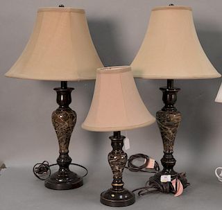 Five table lamps to include a set of three faux marble table lamps with shades and a pair of porcelain jade color. ht. 18in.