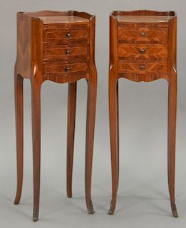 Pair of Louis XVI style inlaid diminutive three drawer stands. ht. 29in.; top: 7 1/2" x 9 1/2"