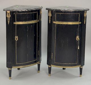 Pair of Louis XVI corner cabinets with grey marble top s over one door. ht. 35in., wd. 21in.