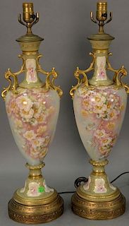 Pair of hand painted table lamps in manner of Royal Bonn, vase ht. 20 1/2in., total ht. 27in.
