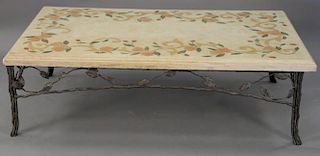 Large rectangular mosaic top coffee table on iron base, ht. 18in., top: 36" x 60"