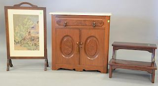 Three piece group including marble top commode, bed stairs, and an oak framed fire screen. commode: ht. 29in., lg. 30in.