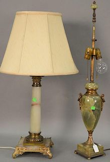 Two alabaster table lamps, each with brass mounts. total height 29in. & 31in.