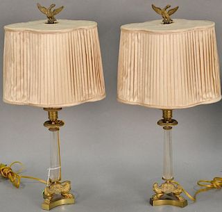 Pair of bronze and crystal boudoir table lamps made from candlesticks with crystal stems and bronze paw feet. candlestick ht.