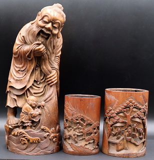Collection of (3) Chinese Carved Wood Objects.