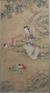 Chinese Painting on Silk of a Lady and Children.