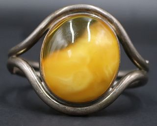 JEWELRY. Sterling and Amber Hinged Bracelet.