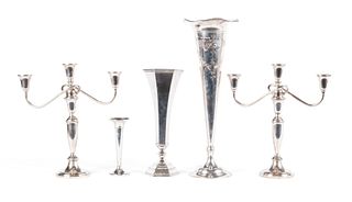 THREE STERLING TRUMPET VASES AND TOWLE CANDLEABRA
