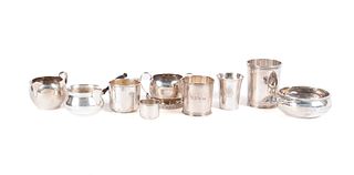 SELECTION OF STERLING CUPS, PITCHERS, AND A PORRINGER