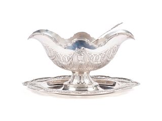 GERMAN SILVER SAUCE BOAT WITH RETICULATED TRAY BY GEORG ROTH & CO.
