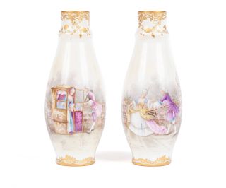 PAIR OF MILK GLASS HAND-PAINTED VASES