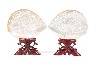 PAIR OF CHINESE MOTHER OF PEARL TABLE SCREENS WITH STANDS