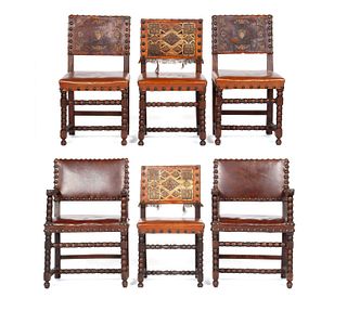 SIX ASSEMBLED BAROQUE STYLE LEATHER DINING CHAIRS