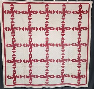 Antique c1900 Red and White Drunkards Path Quilt