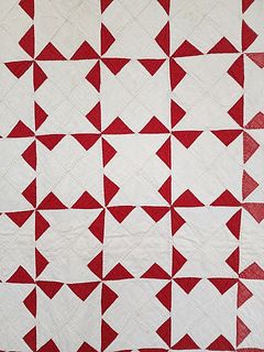 Antique c1900 Red and White Pinwheel Quilt