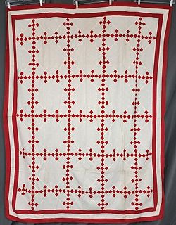 Antique C1900 Red and White Double 9 Patch Quilt Top