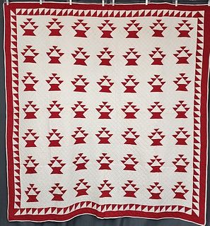 Antique c1900s Red and White Cake Stand Quilt