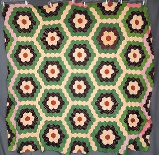Antique c1860 Hexagon Mosaic Quilt Top