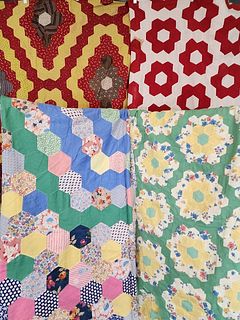 4 Vintage Cotton Hexagon Quilt Tops