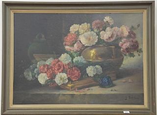 J. Bubel oil on canvas still life of flowers signed lower right J. Bubel, 26" x 37".