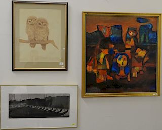 Five paintings to include R. Brent Malone 1967 oil on board abstraction, Alleyne Howell Venice Nocturne, print of owls and