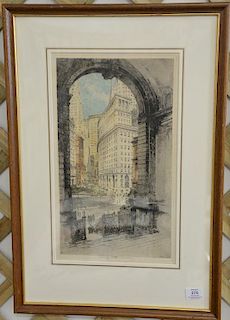 Luigi Kasimir (1881-1962) colored etching, New York Bowling Green Station, pencil signed lower right: Luigi Kasimir Nov. 7th