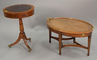 Two piece lot including George III diminutive drum table with leather top and four drawers on pedestal base (ht. 26in., dia.