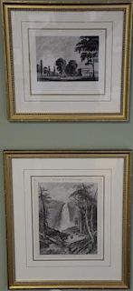 Set of sixteen black and white landscape engravings and lithographs including Nevada Falls New Haven Ct, Crystal Pillas, Yale