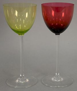 Two sets of Baccarat stems, thirteen total including seven having green top and six with ruby red tops (one red as is).