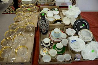 Six box lots of glass and china including gold rim stem, cups and saucers, Wedgwood, Lenox, cloisonne vase, etc.