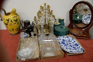 Six box lots to include crystal, silverplate tea set, vanity mirror, candlesticks, bottles, etc.