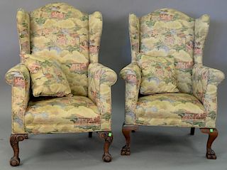 Two Chippendale style near matching wing chairs with Japanese style silk upholstery.