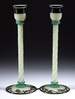 FRY FOVAL SILVER-OVERLAY ART GLASS PAIR OF CANDLESTICKS,