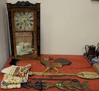 Six piece lot to include wood rooster weathervane, iron candle jack, vane directionals,