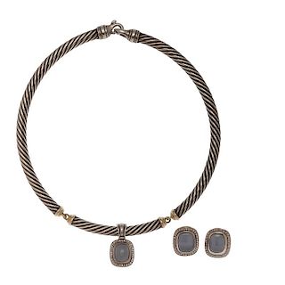 David Yurman Albion Pendant and Earrings with a Cable Necklace in Sterling and 18 Karat Yellow Gold