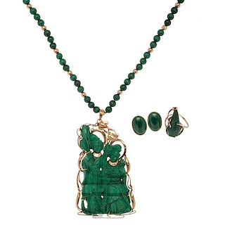 Carved Malachite Pendant with Earrings and a Ring in 14 Karat Yellow Gold