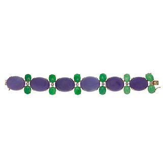 Green and Lavender Jade Bracelet in 18 Karat Yellow Gold