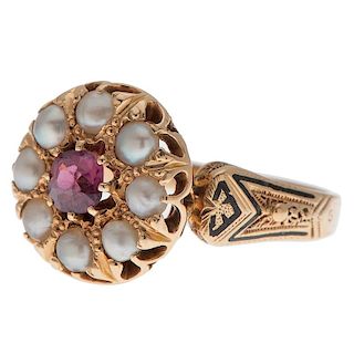 Vintage Pearl and Ruby Ring in 14 Karat Yellow Gold with Enamel