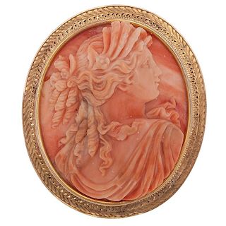 Coral Cameo Brooch in 14 Karat Yellow gold