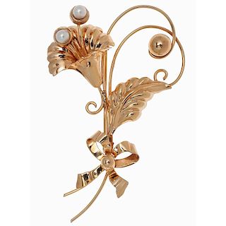 Aregel  Floral Brooch with Pearls in 10 Karat Yellow Gold