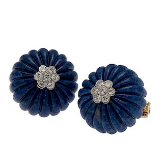 Carved and Fluted Lapis Earrings in 18 Karat Yellow Gold with Diamonds
