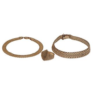 Mesh Bracelets and a Ring in 14 Karat Yellow Gold