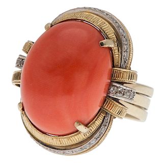 Coral and Diamond Ring in 18 Karat and Platinum