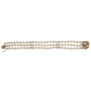 Triple Row Pearl Bracelet with 14 Karat Yellow Gold Clasp