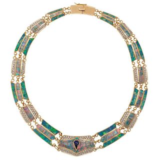 David R. Freeland Jr. Inlaid Opal, Tanzanite and Diamond Necklace in 18 Karat Yellow Gold and Platinum
