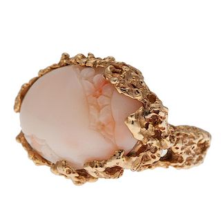 Carved Coral Ring in 14 Karat Yellow Gold