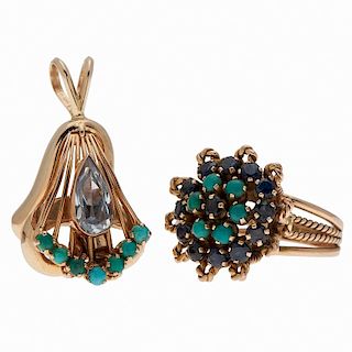 Ring and Pendant with Turquoise, Sapphire and Aquamarine