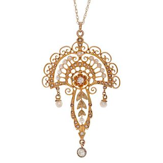 Chandelier Necklace in 14 Karat Yellow Gold with Diamonds and Pearls